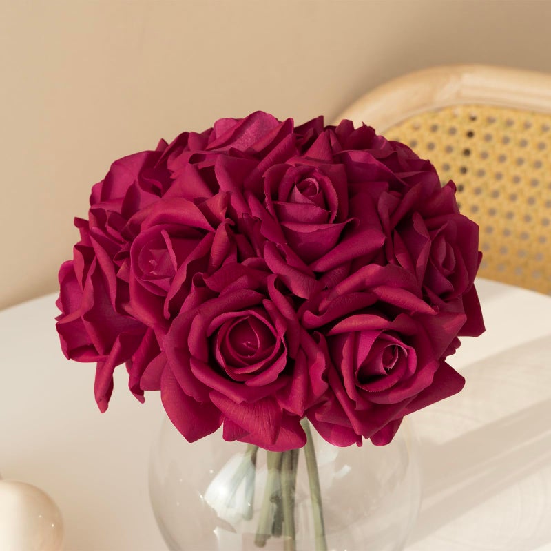 DUYONE Artificial Roses Single Stem 10pcs Fake Silk Flower Arrangement Bouquet Real Touch for Home Party Wedding Decoration(Rose red) - Image 1